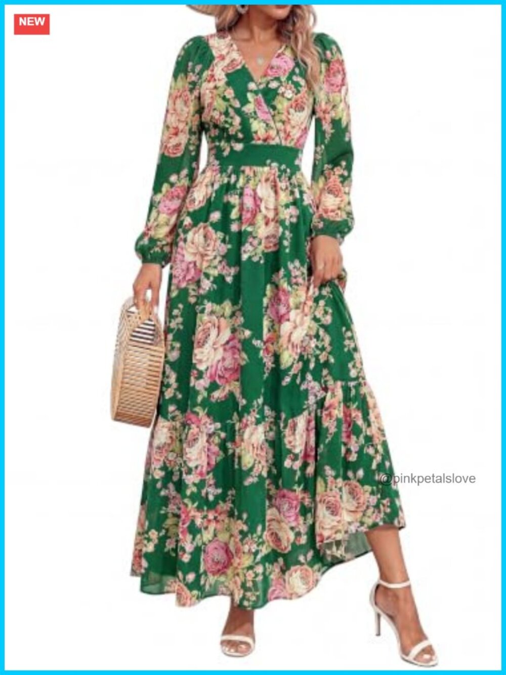 Women's Floral Chiffon Wrap Boho Maxi Dress Lantern Sleeve Belted Lined